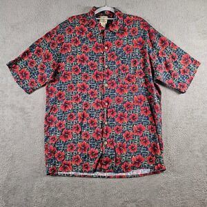 Morro Bay Mens‎ Medium Red Hibiscus Floral Hawaiian Shirt Blue Viscose Button Up